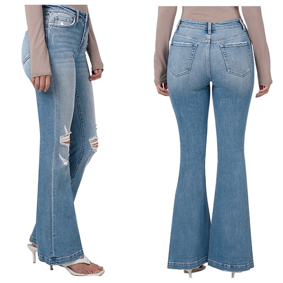 19 Light Medium Blue Distressed Mid-Rise Button-Fly Pocket Flare Jeans - Picture 3 of 3